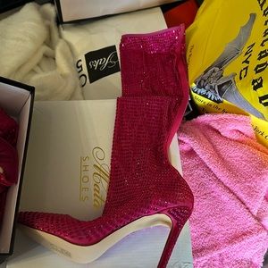 Azalea Wang pink rhinestone heel boots